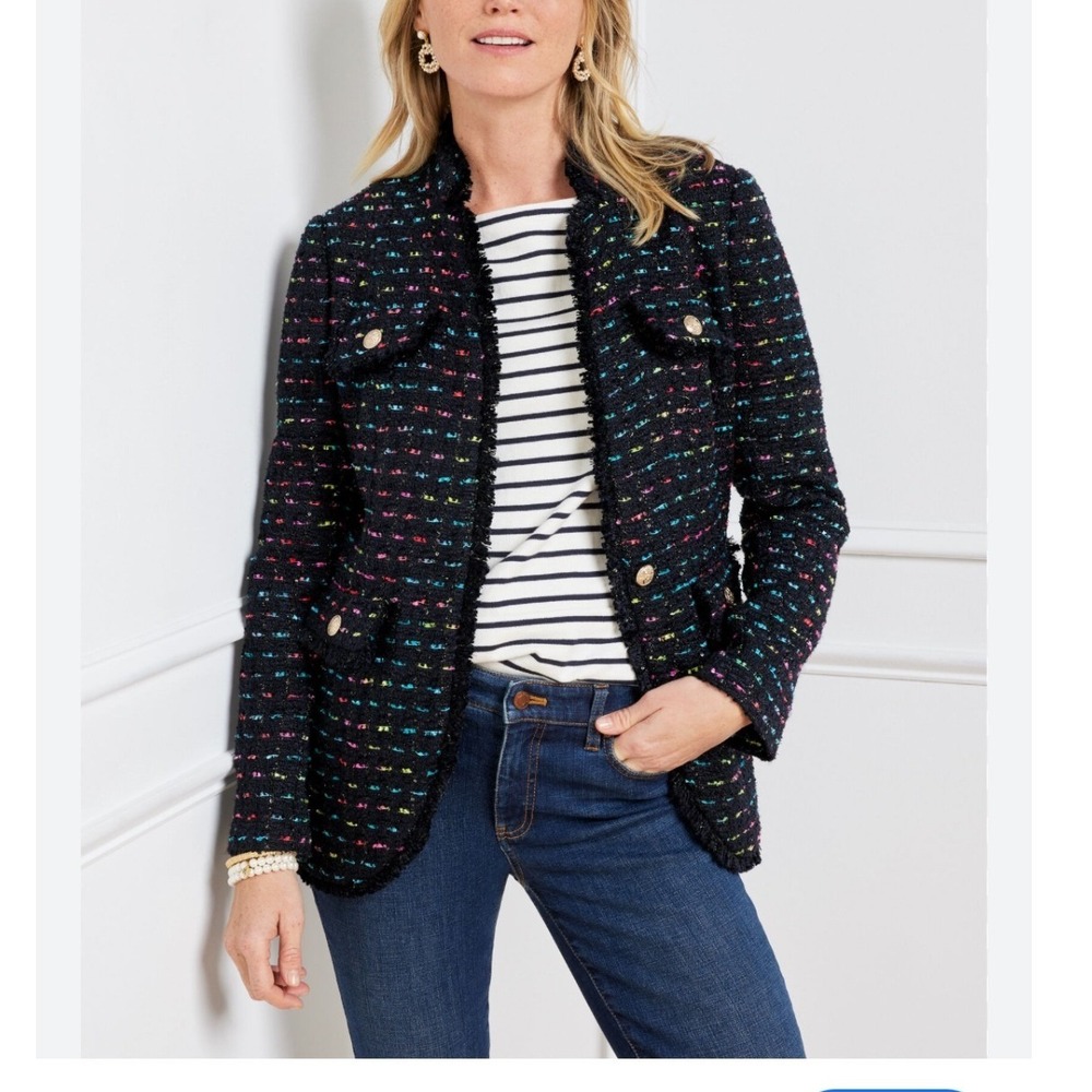 Talbots Navy Rainbow Colorful Speck Tweed Jacket w fringe & gold buttons sz8 NWT